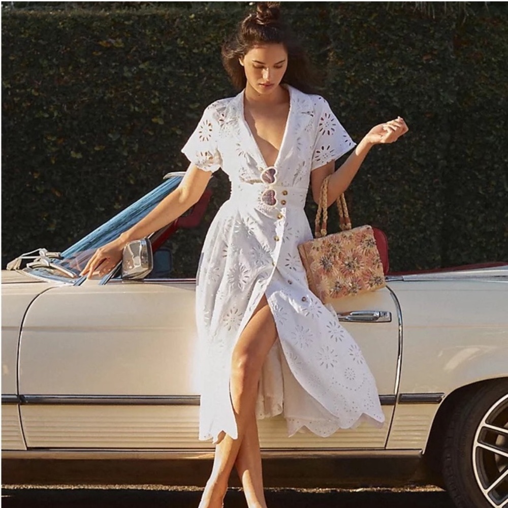 Maeve By Anthropologie Eyelet Shirt Dress White Summer Button Up Front - Picture 6 of 6